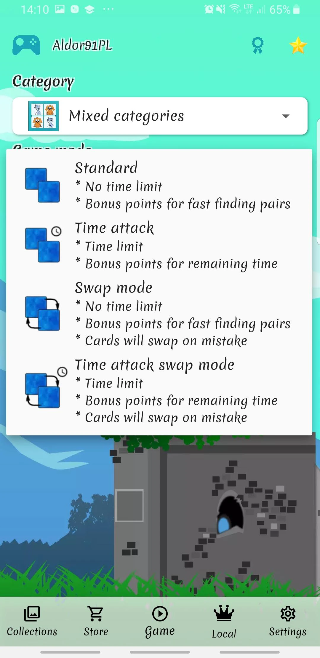 Cards Matching menu explaining standard, time attack and swap game modes